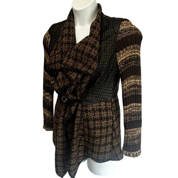 Aris A USA Black Brown Mixed Media Tweed Knit Faux leather Womens Cardigan Sz M - Picture 3 of 12